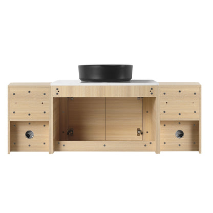 back view of 54 inch White Oak Bathroom Vanity with Black Ceramic Vessel Sink and Two Open Shelves