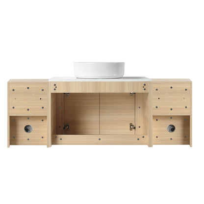 back view of 54 inch White Oak Bathroom Vanity with White Ceramic Vessel Sink and Two Open Shelves