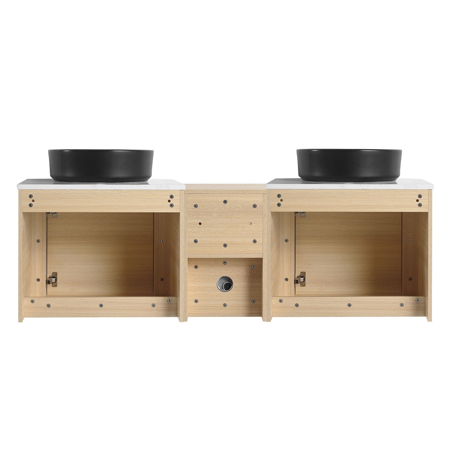 back view of 60 inch White Oak Bathroom Vanity with Double Black Ceramic Sink and Open Shelves