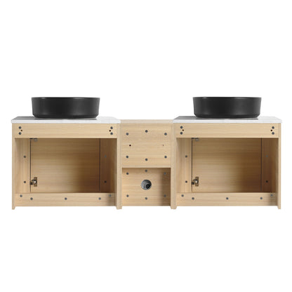 back view of 60 inch White Oak Bathroom Vanity with Double Black Ceramic Sink and Open Shelves