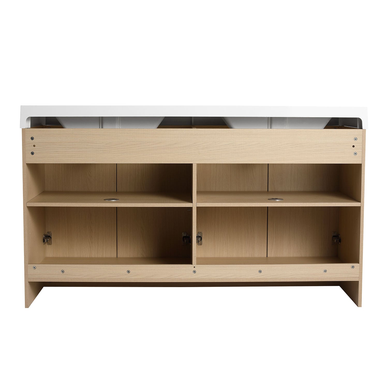 back view of 60 inch White Oak Bathroom Vanity with Double Resin Sink and Soft Close Doors