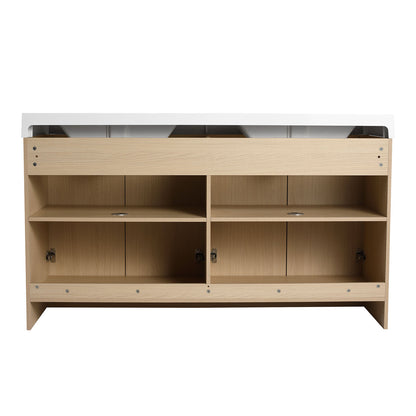 back view of 60 inch White Oak Bathroom Vanity with Double Resin Sink and Soft Close Doors