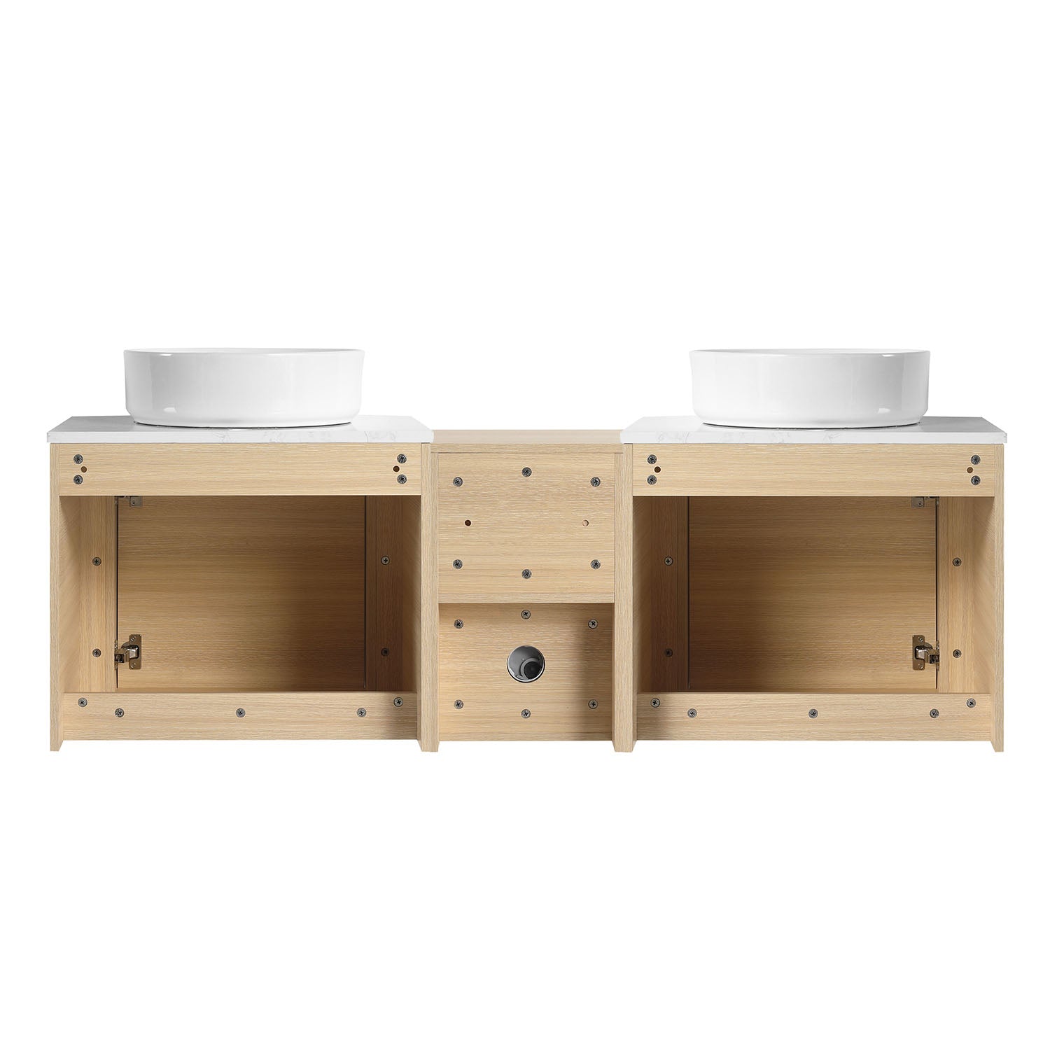 back view of 60 inch White Oak Bathroom Vanity with Double White Ceramic Sink and Open Shelves