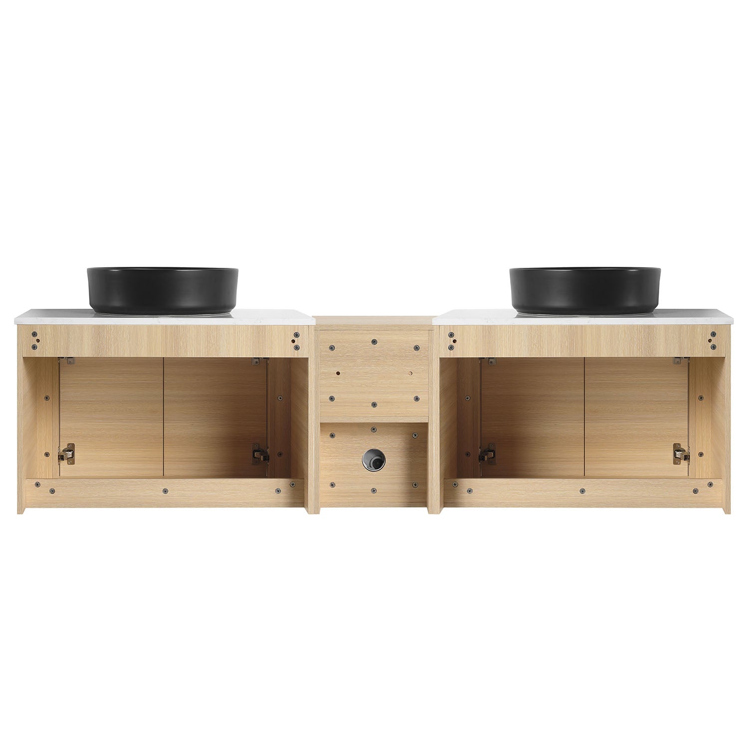 back view of 72 inch White Oak Bathroom Vanity with Double Black Ceramic Sink and Open Shelves