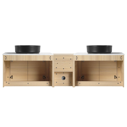 back view of 72 inch White Oak Bathroom Vanity with Double Black Ceramic Sink and Open Shelves