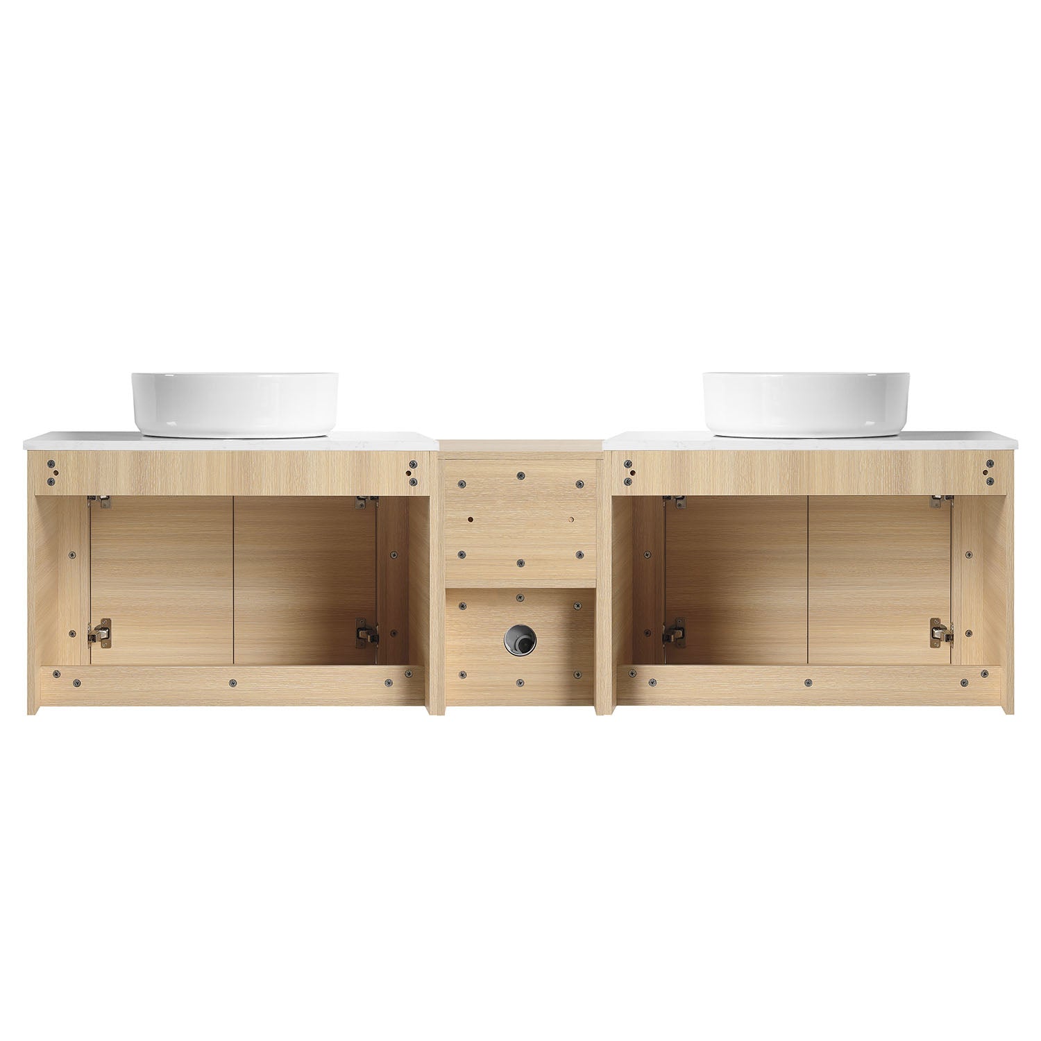 back view of 72 inch White Oak Bathroom Vanity with Double White Ceramic Sink and Open Shelves