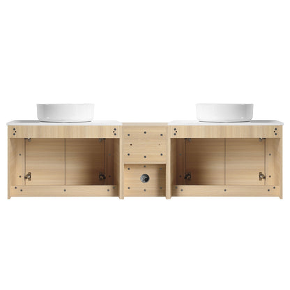 back view of 72 inch White Oak Bathroom Vanity with Double White Ceramic Sink and Open Shelves