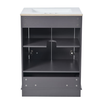 back view of gray bathroom vanity with integrated ceramic sink