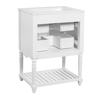 back view of vanity cabinet with open plumbing access
