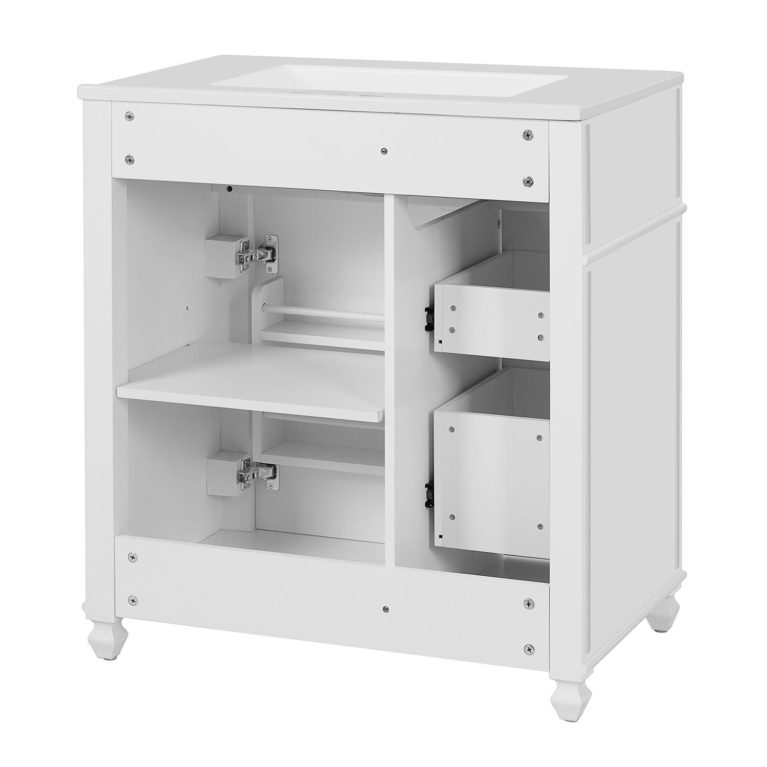 back view of white bathroom vanity with storage space