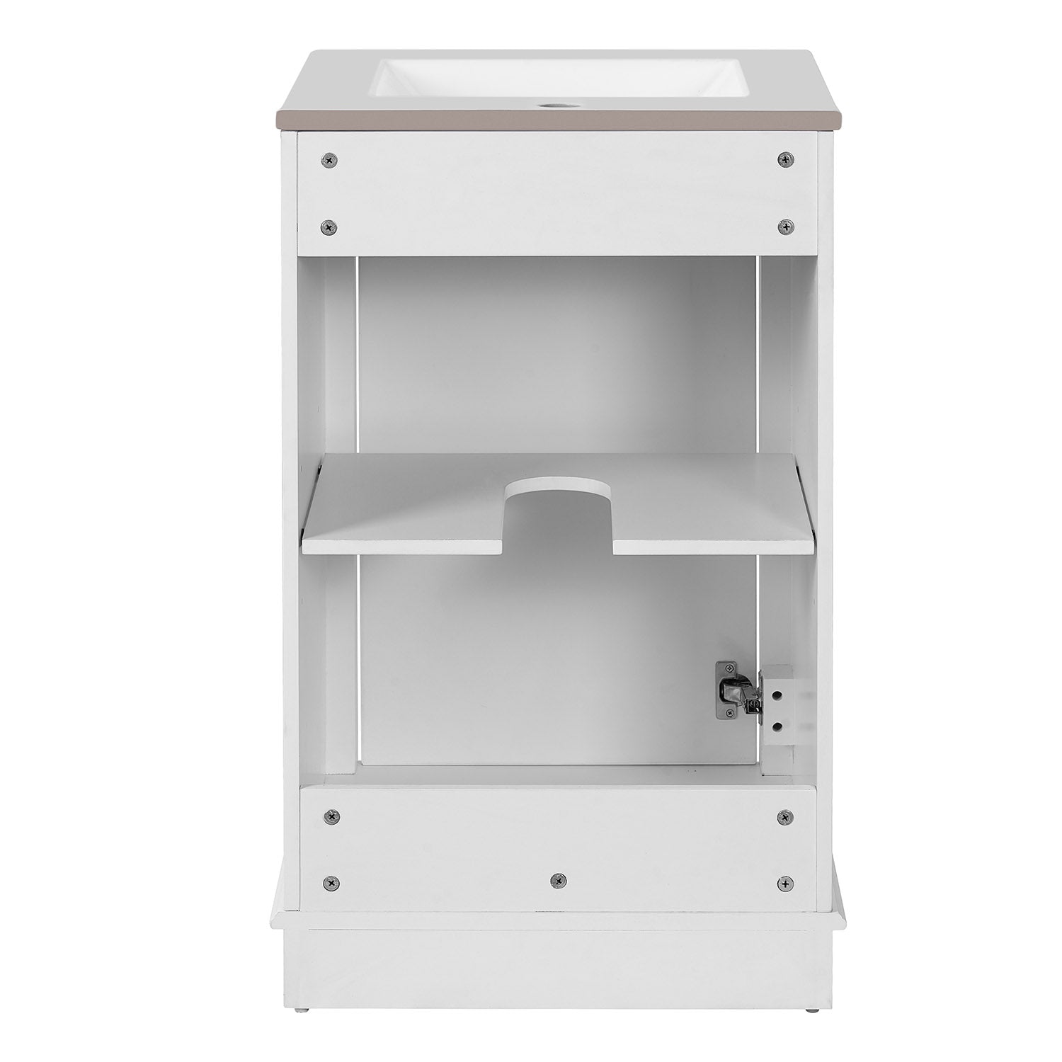 back view of white freestanding bathroom vanity