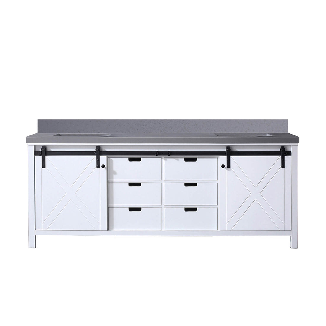 barn door vanity with dual sinks and backsplash detail