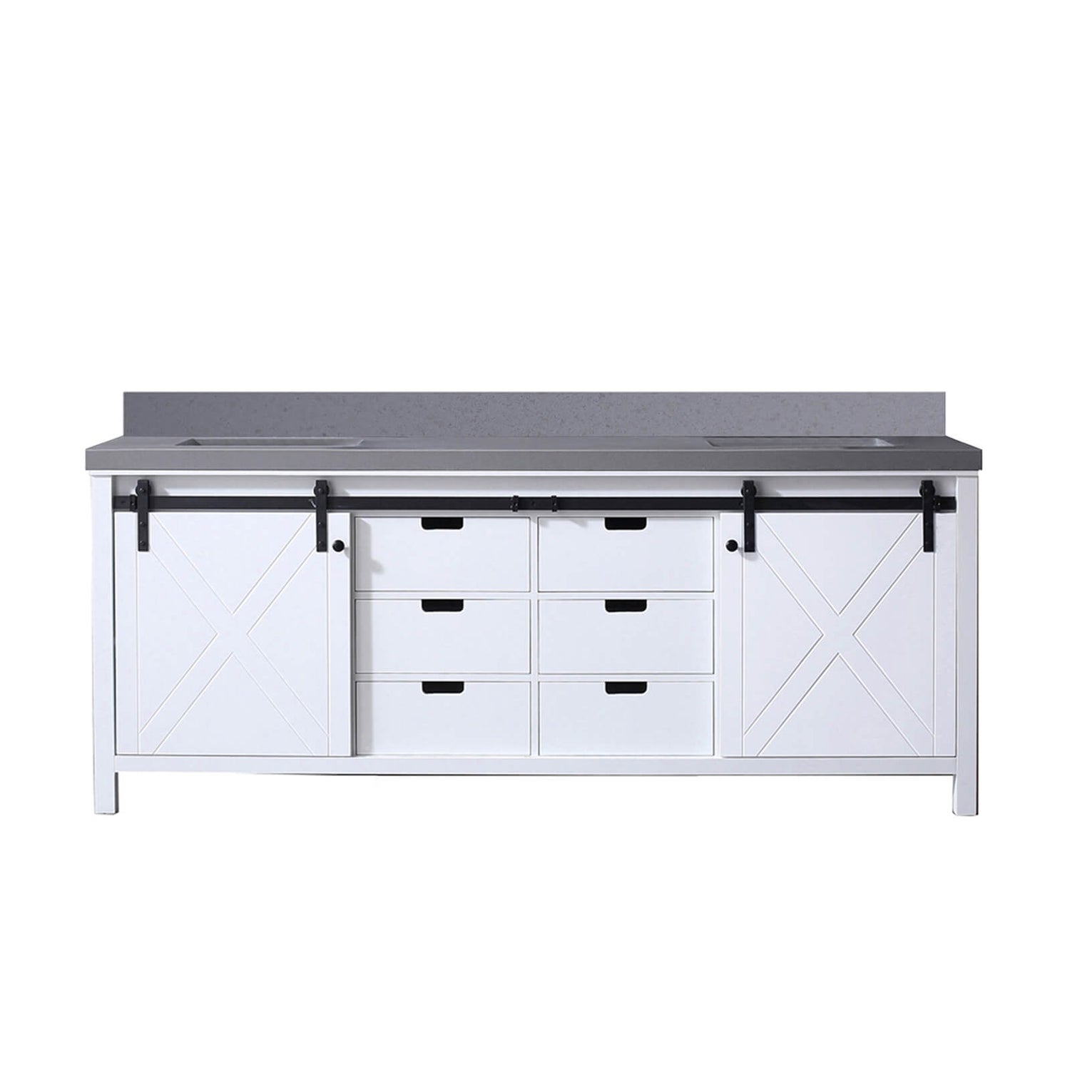 barn door vanity with dual sinks and backsplash detail