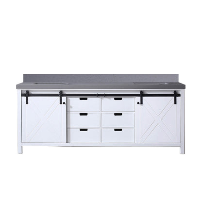 barn door vanity with dual sinks and backsplash detail