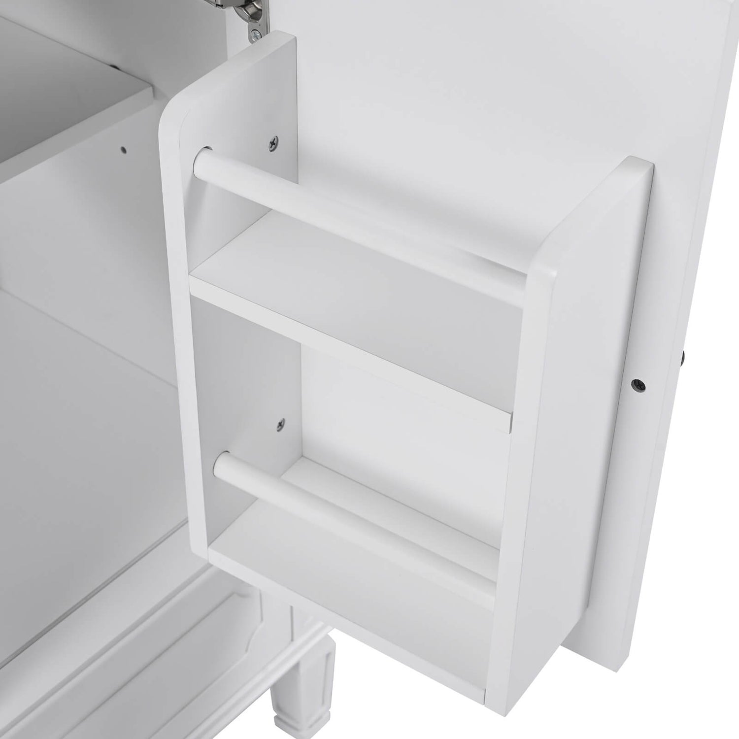 bathroom vanity with built in bottle shelf and hidden compartments