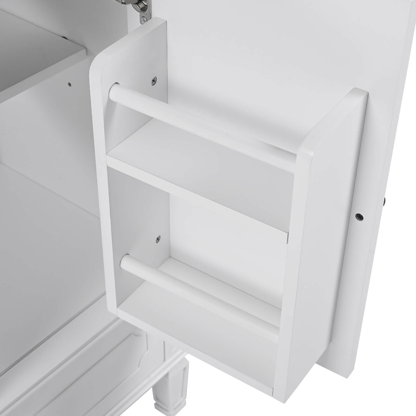 bathroom vanity with built in bottle shelf and hidden compartments