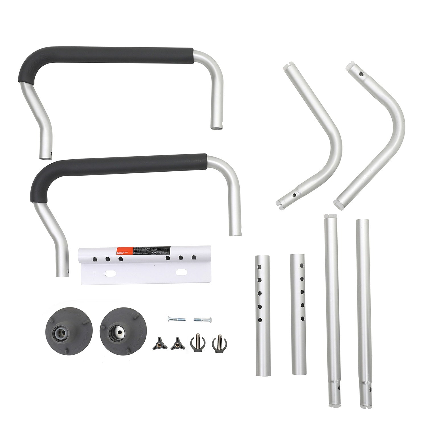 bathroom toilet safety rail components overview including screws, frame, and padded grips