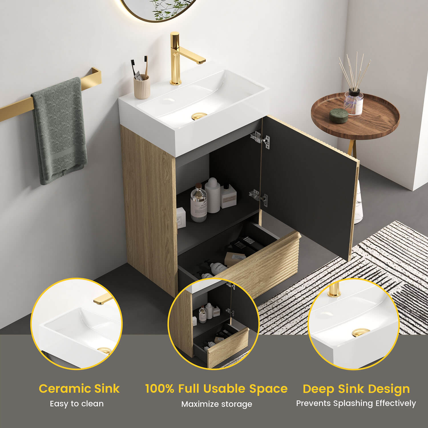 bathroom vanity cabinet with ceramic sink integrated top