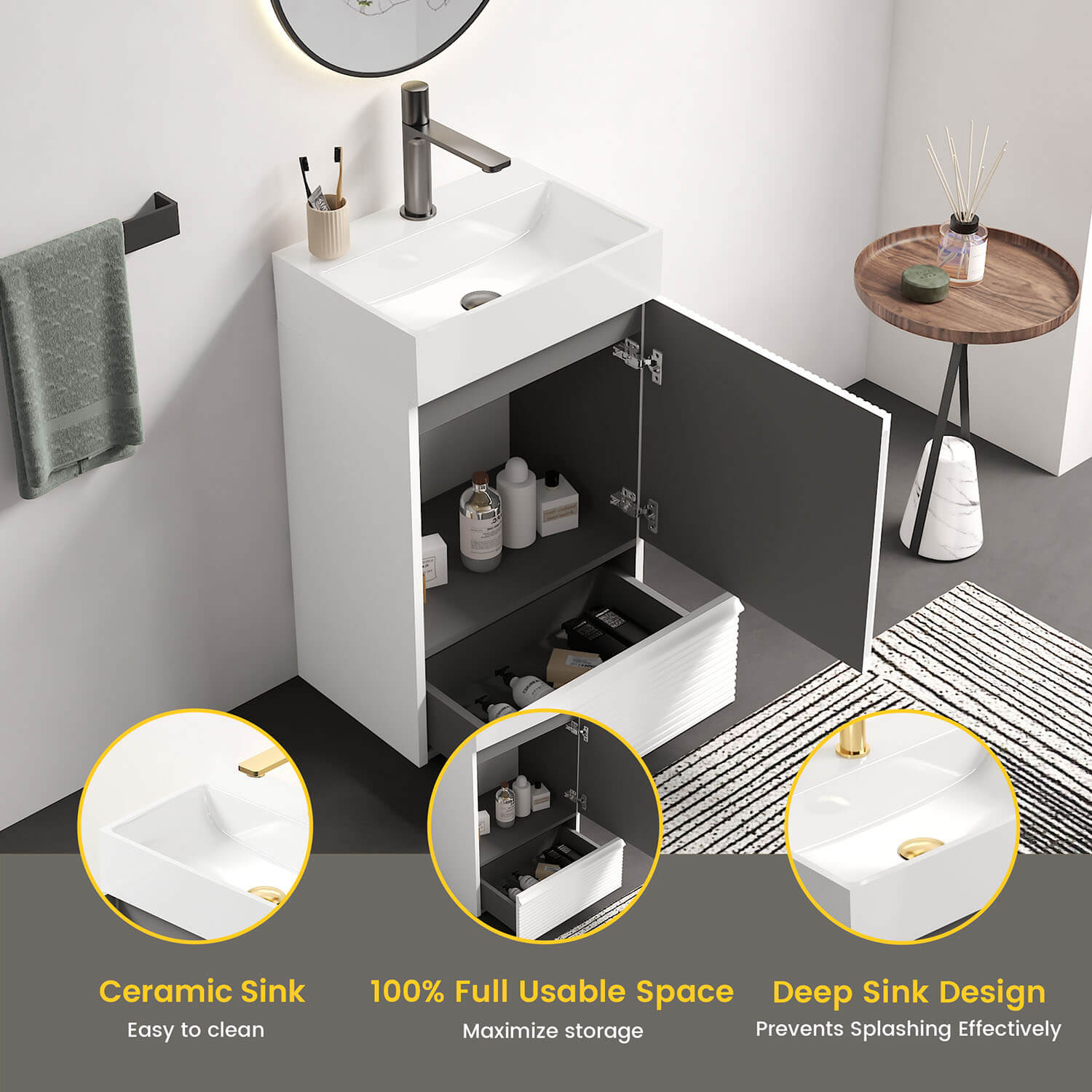 bathroom vanity cabinet with integrated ceramic sink