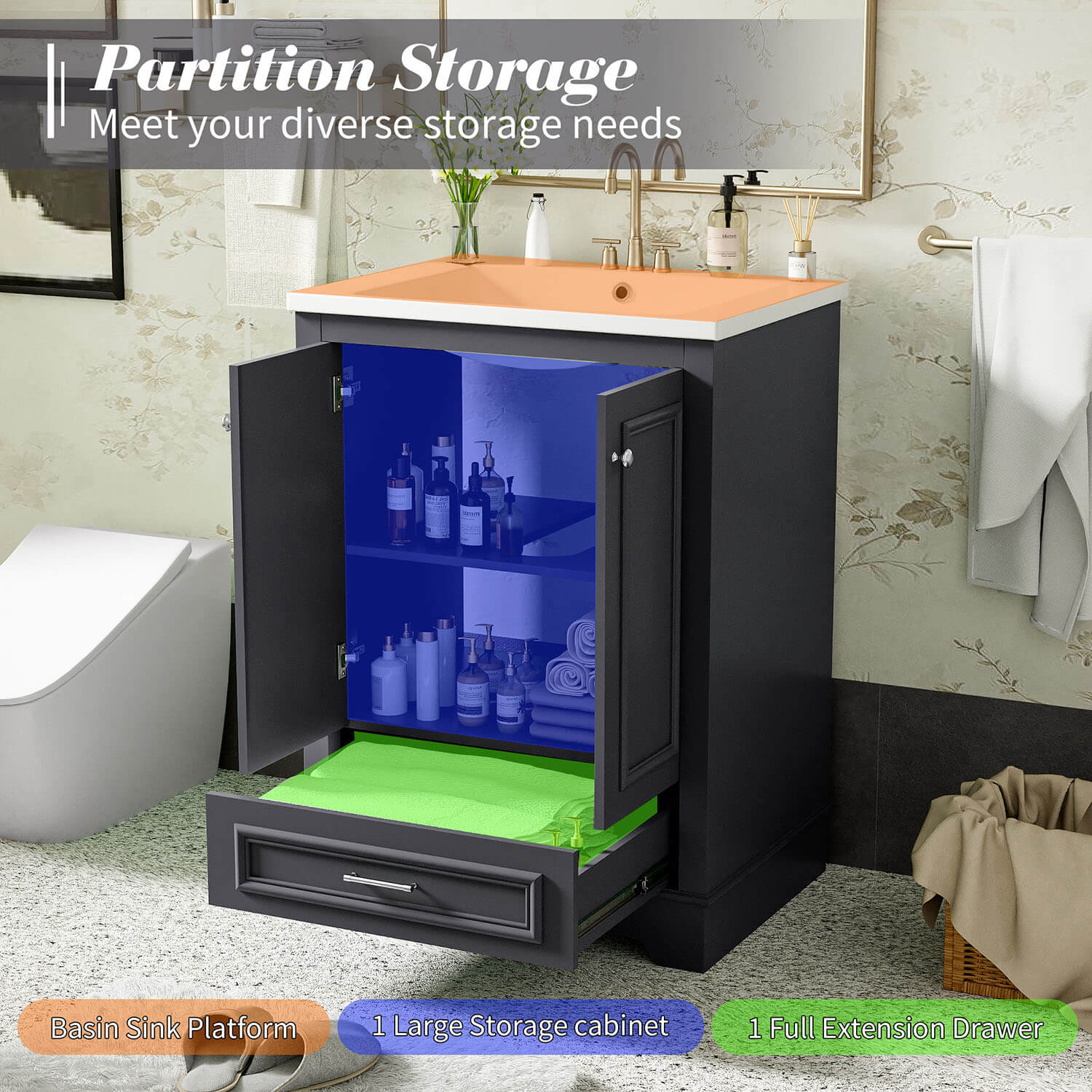 bathroom vanity featuring spacious drawers and adjustable shelves for storage