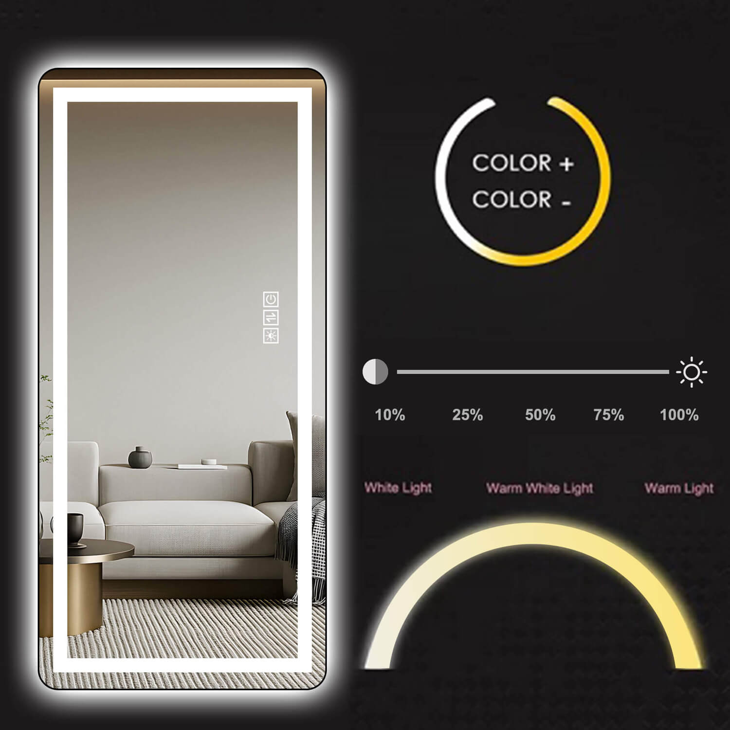 64"x21" Black LED Full Length Mirror with Dimmer, 3 Color Temperatures