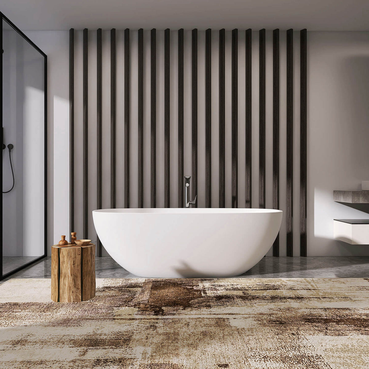Bañera exenta de diseño contemporáneo de resina de piedra de superficie sólida de 67 pulgadas con rebosadero.