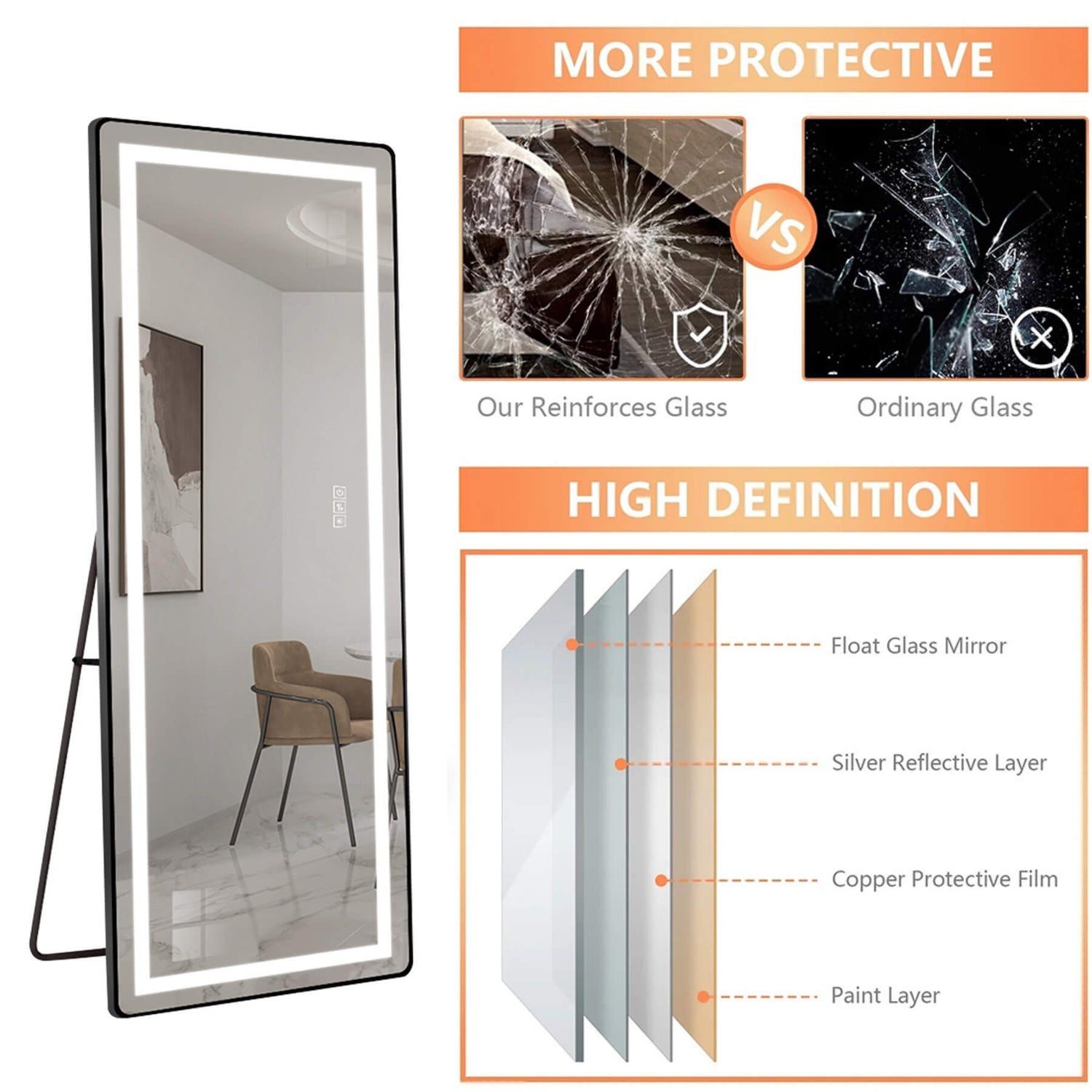 64"x21" Black LED Full Length Mirror with Dimmer, 3 Color Temperatures