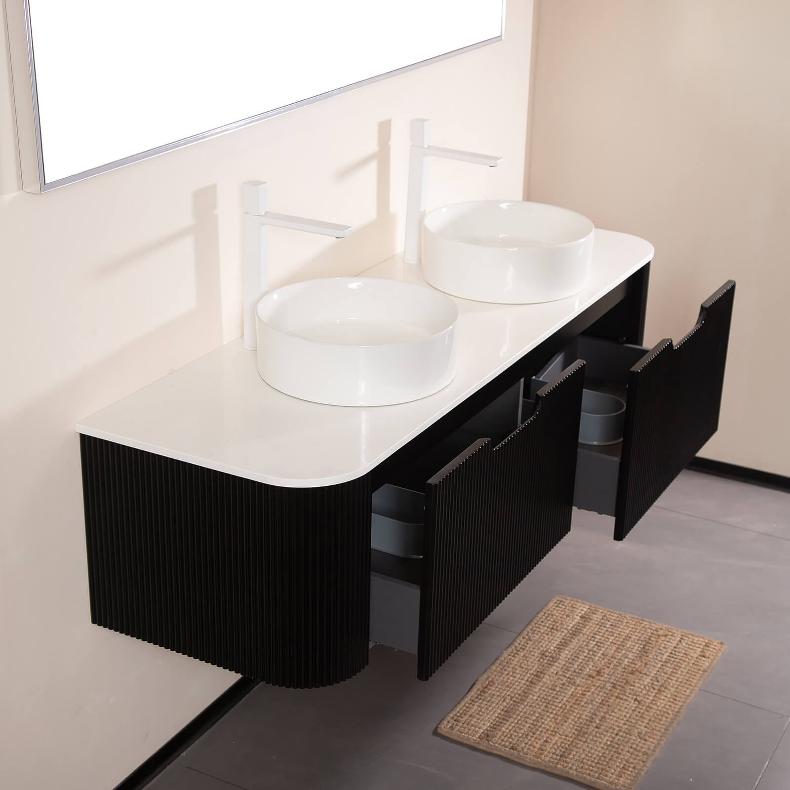 black double sink vanity with marble countertop