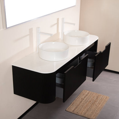 black double sink vanity with marble countertop