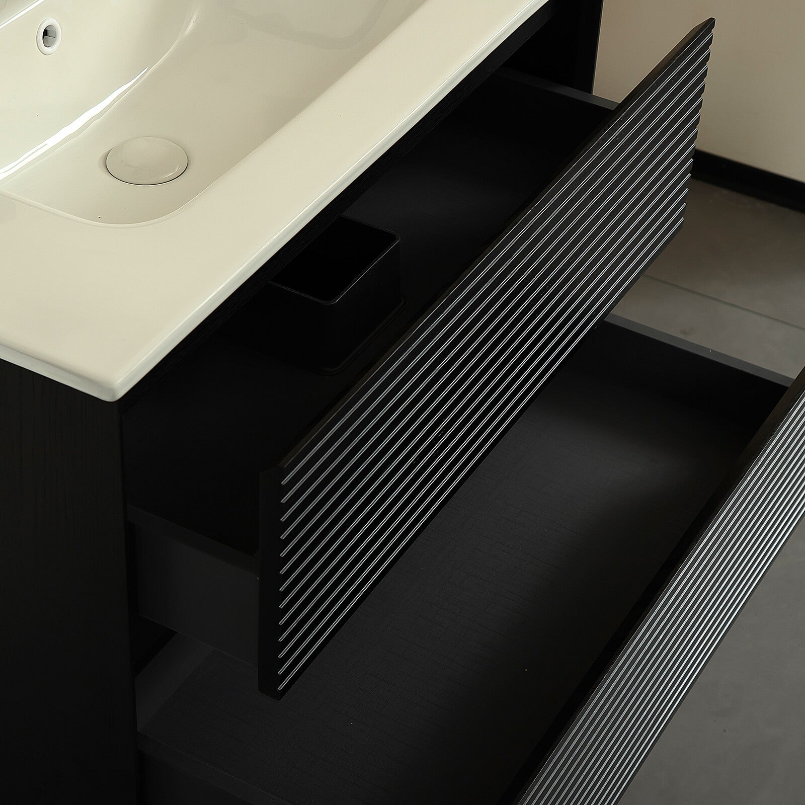 black floating vanity with woodgrain texture