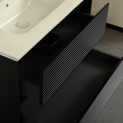 black floating vanity with woodgrain texture