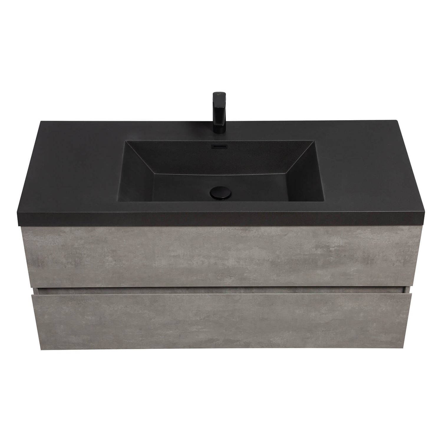 black quartz sand countertop on 48 inch cement gray vanity