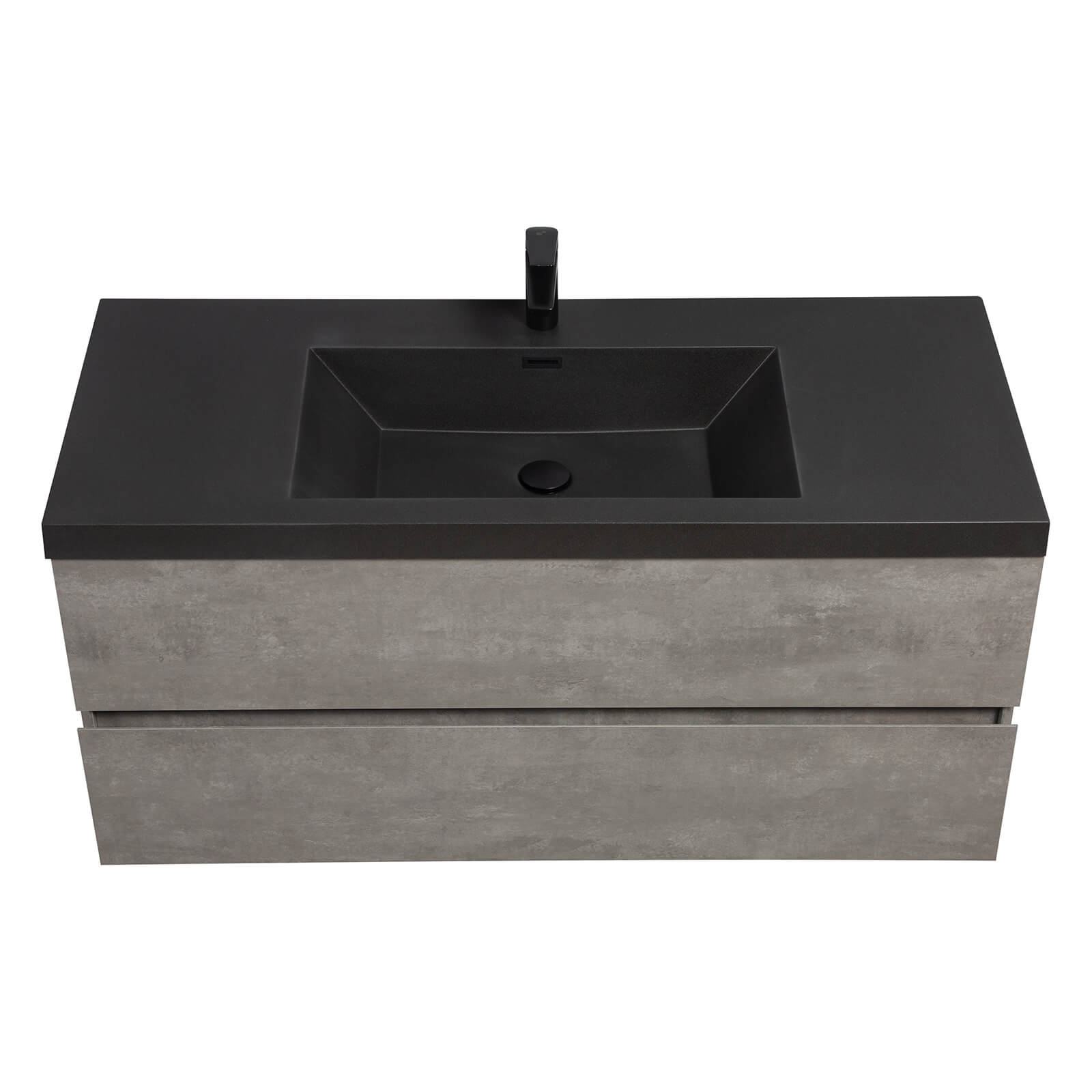 black quartz sand countertop on 48 inch cement gray vanity
