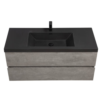 black quartz sand countertop on 48 inch cement gray vanity