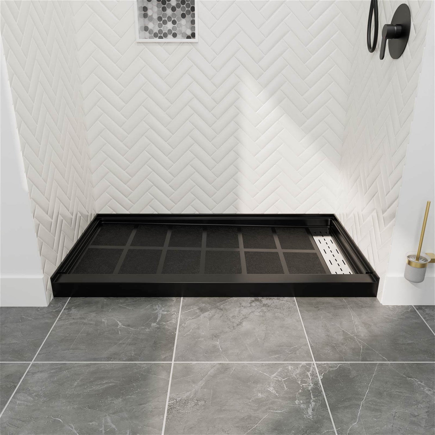 black right drain shower pan with non slip textured surface