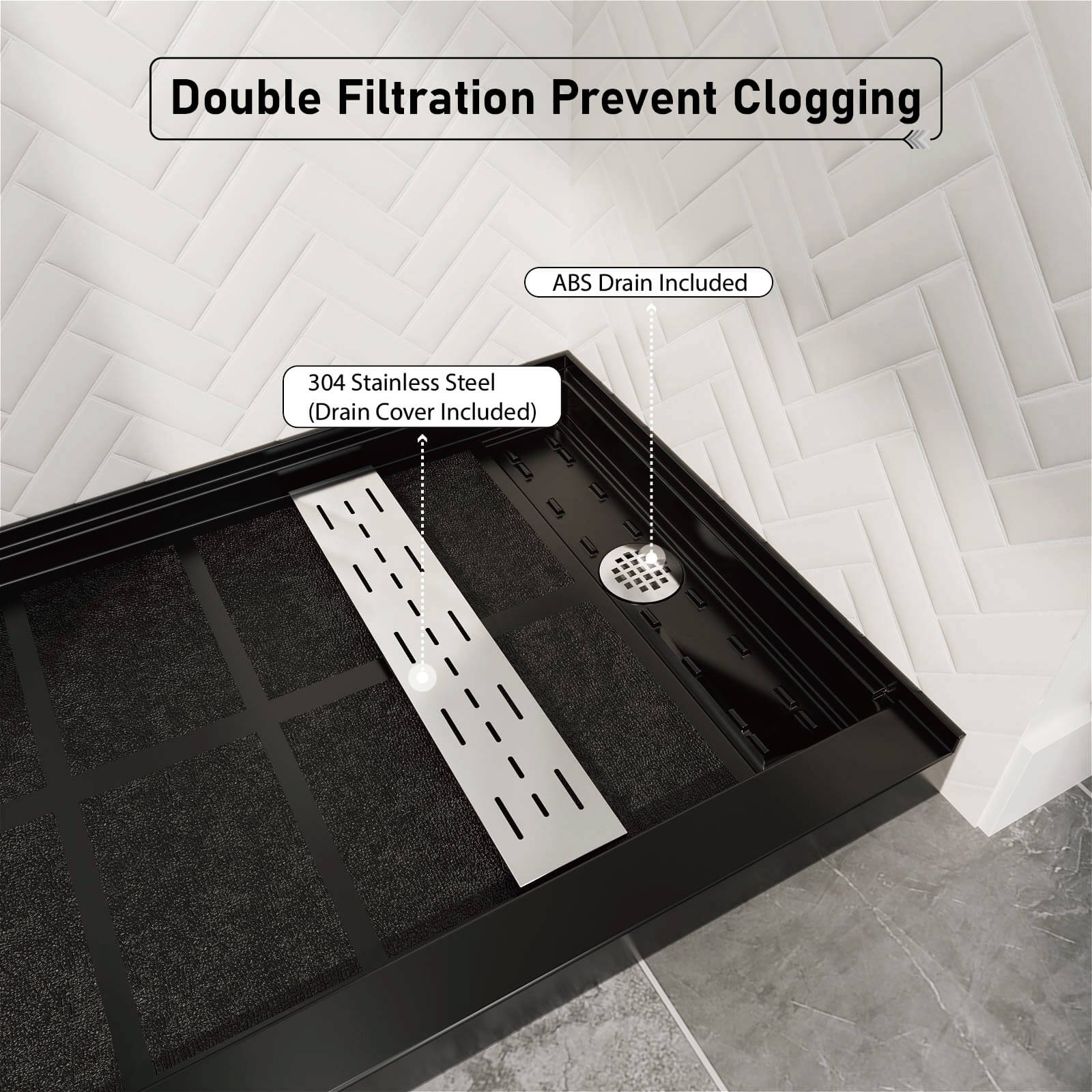black solid surface shower tray with removable stainless drain cover