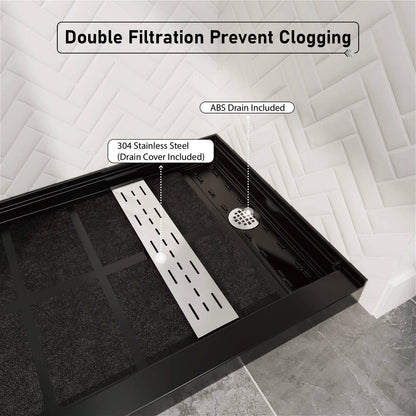 black solid surface shower tray with removable stainless drain cover