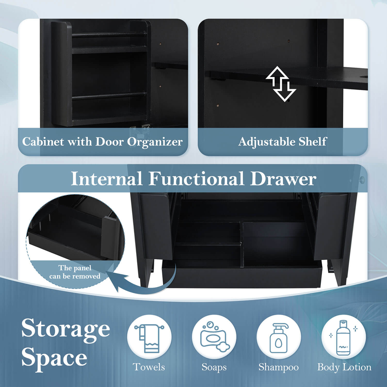 black bathroom vanity with adjustable shelf and drawer storage
