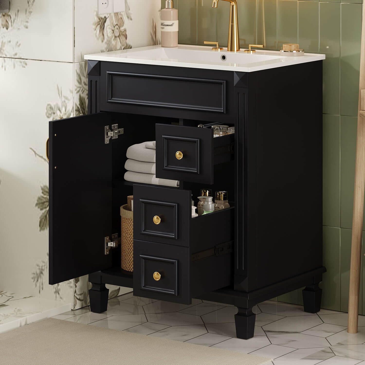 black bathroom vanity with ceramic sink and space saving design