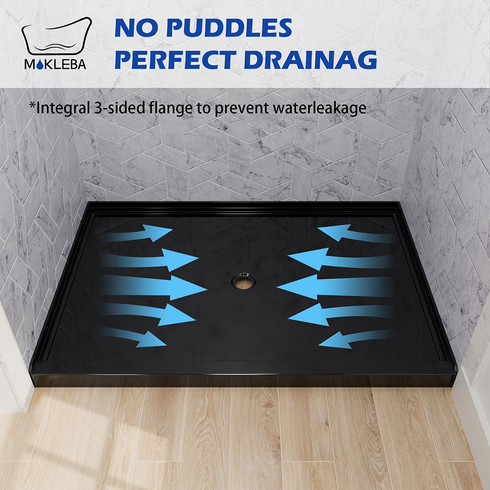 black center drain shower base with leak-proof 3-wall alcove flange protection