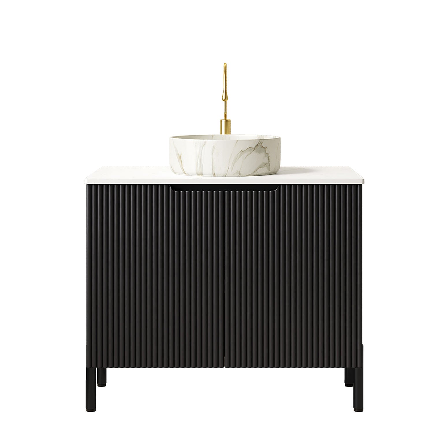 black freestanding vanity with fluted striped cabinet doors