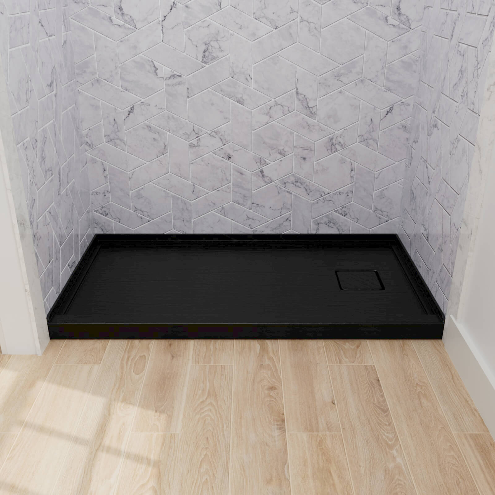 black shower base with anti-slip texture and mortar-free installation