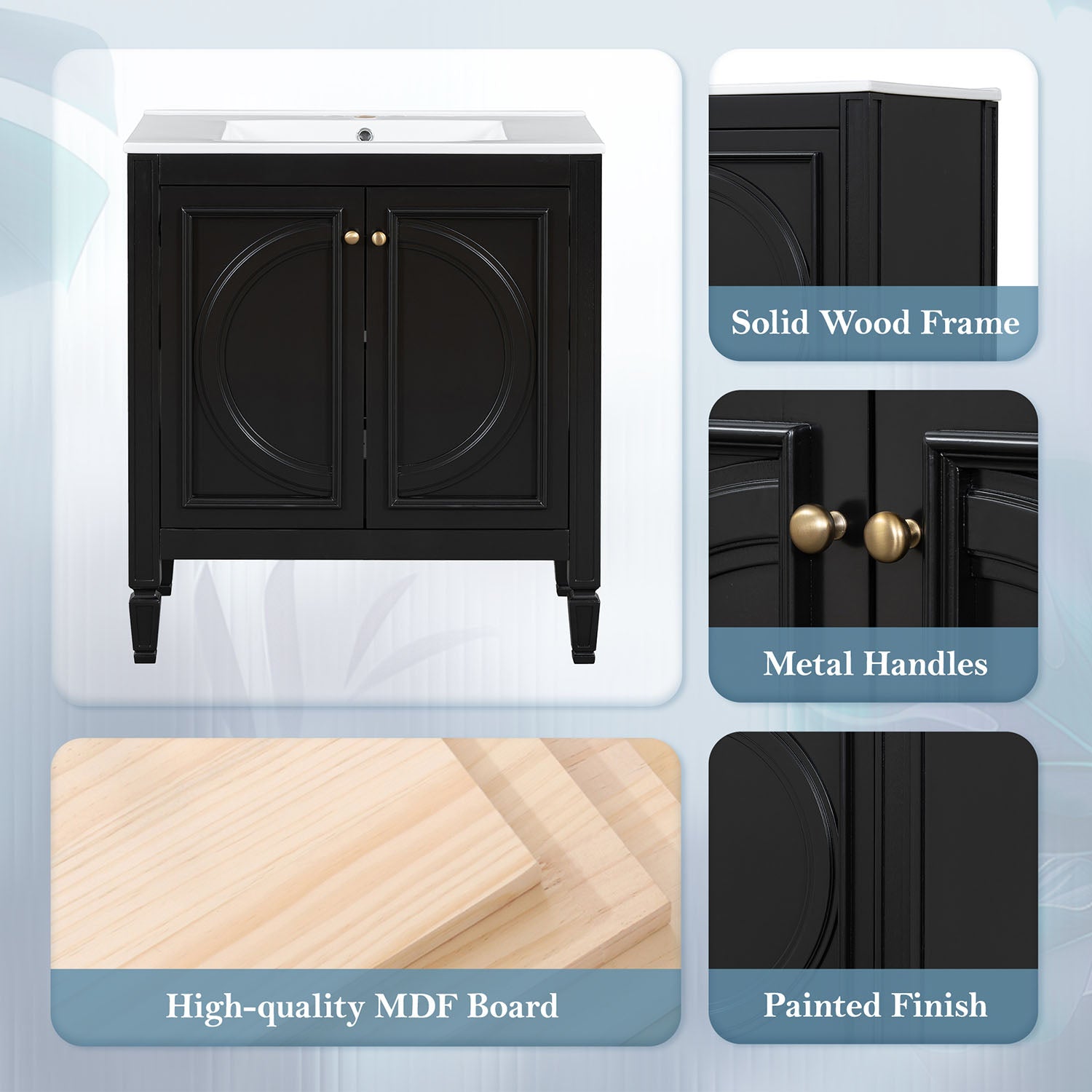 black vanity cabinet with durable wood and MDF construction