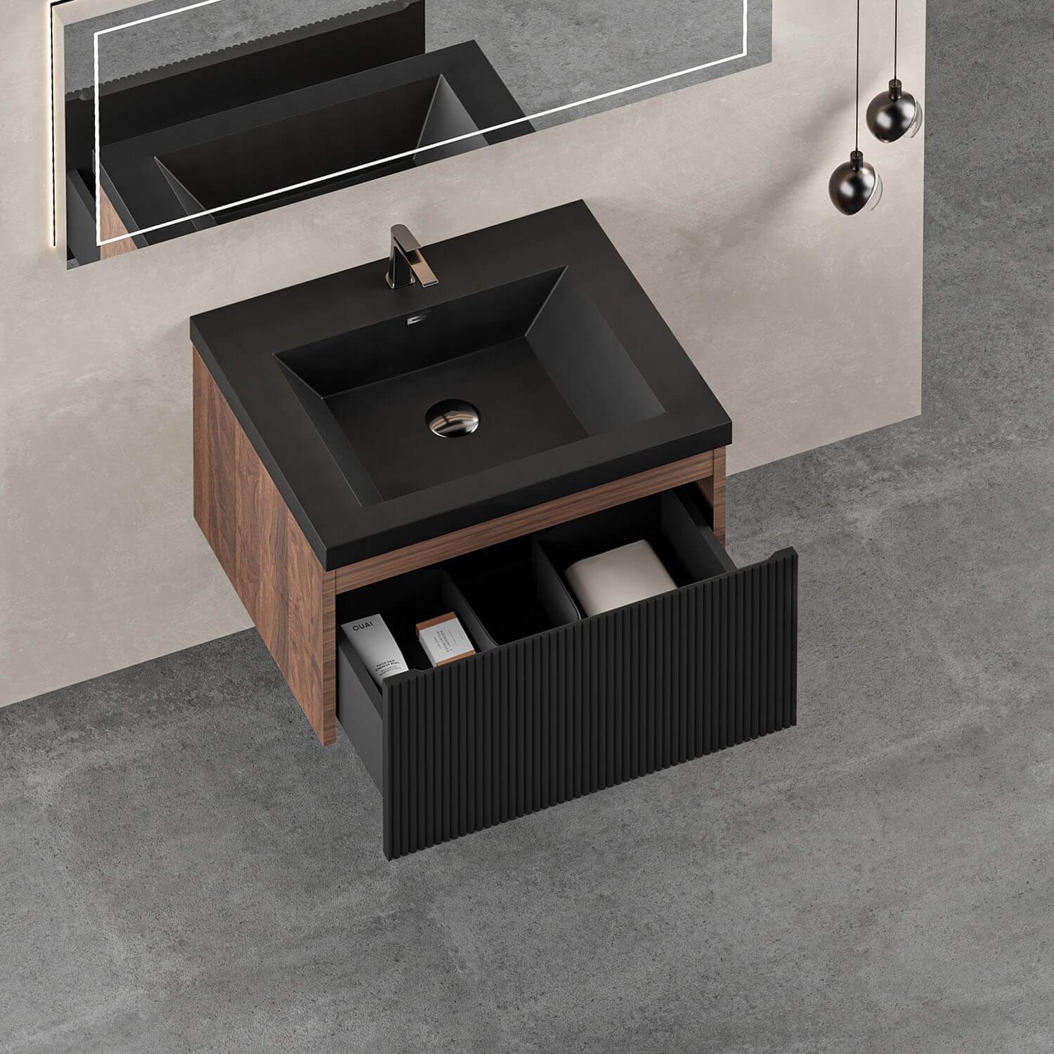 black wall mounted vanity cabinet with soft close U shaped drawer