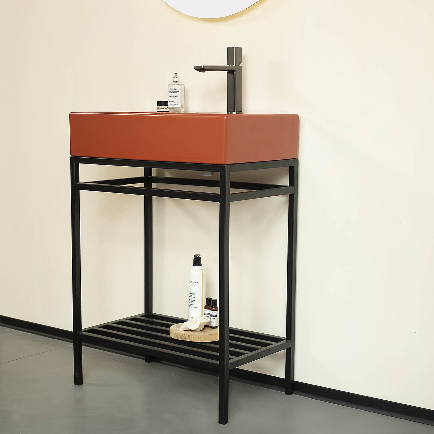 bold red bathroom sink with towel bar