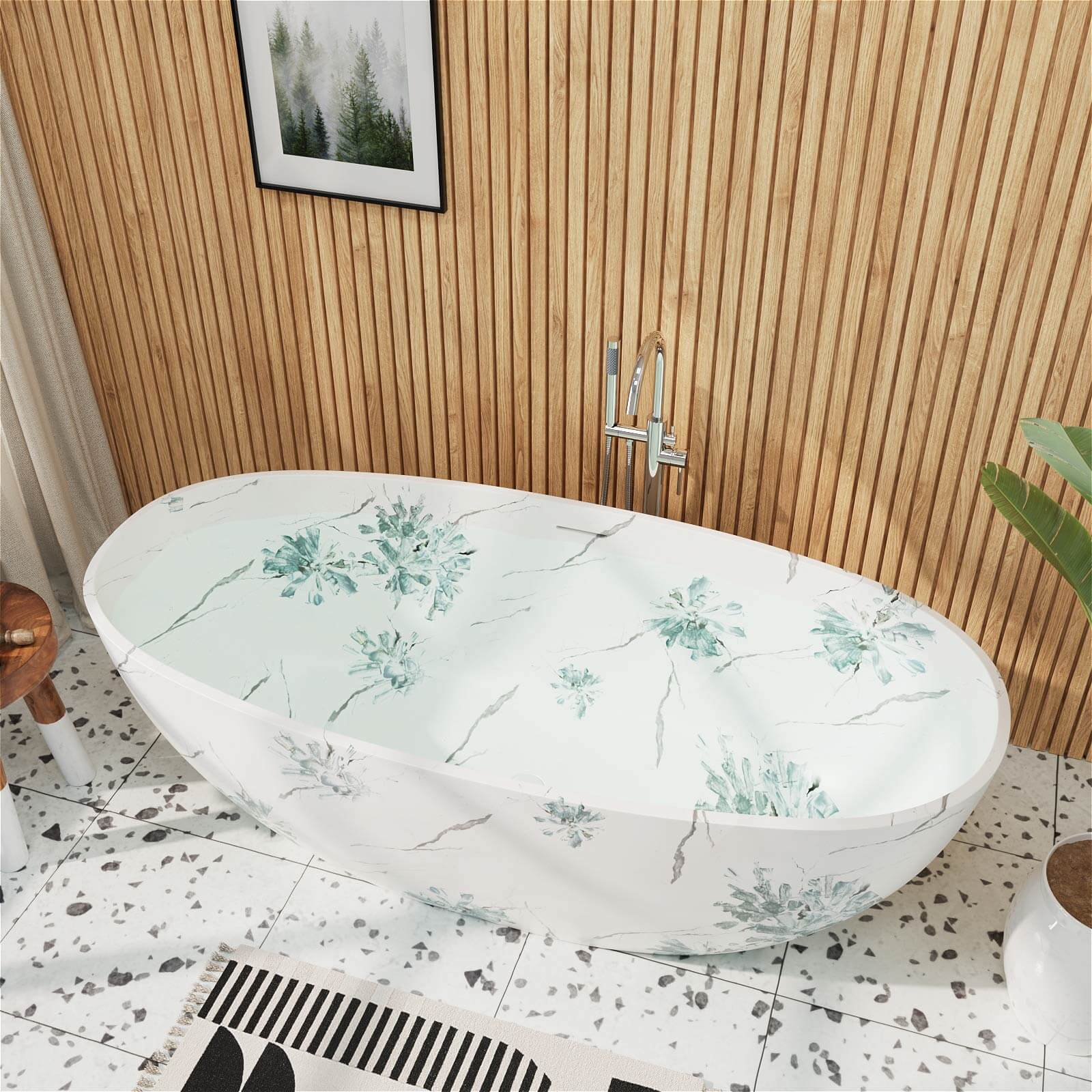 botanical green freestanding tub with marble style lines