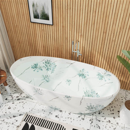 botanical green freestanding tub with marble style lines