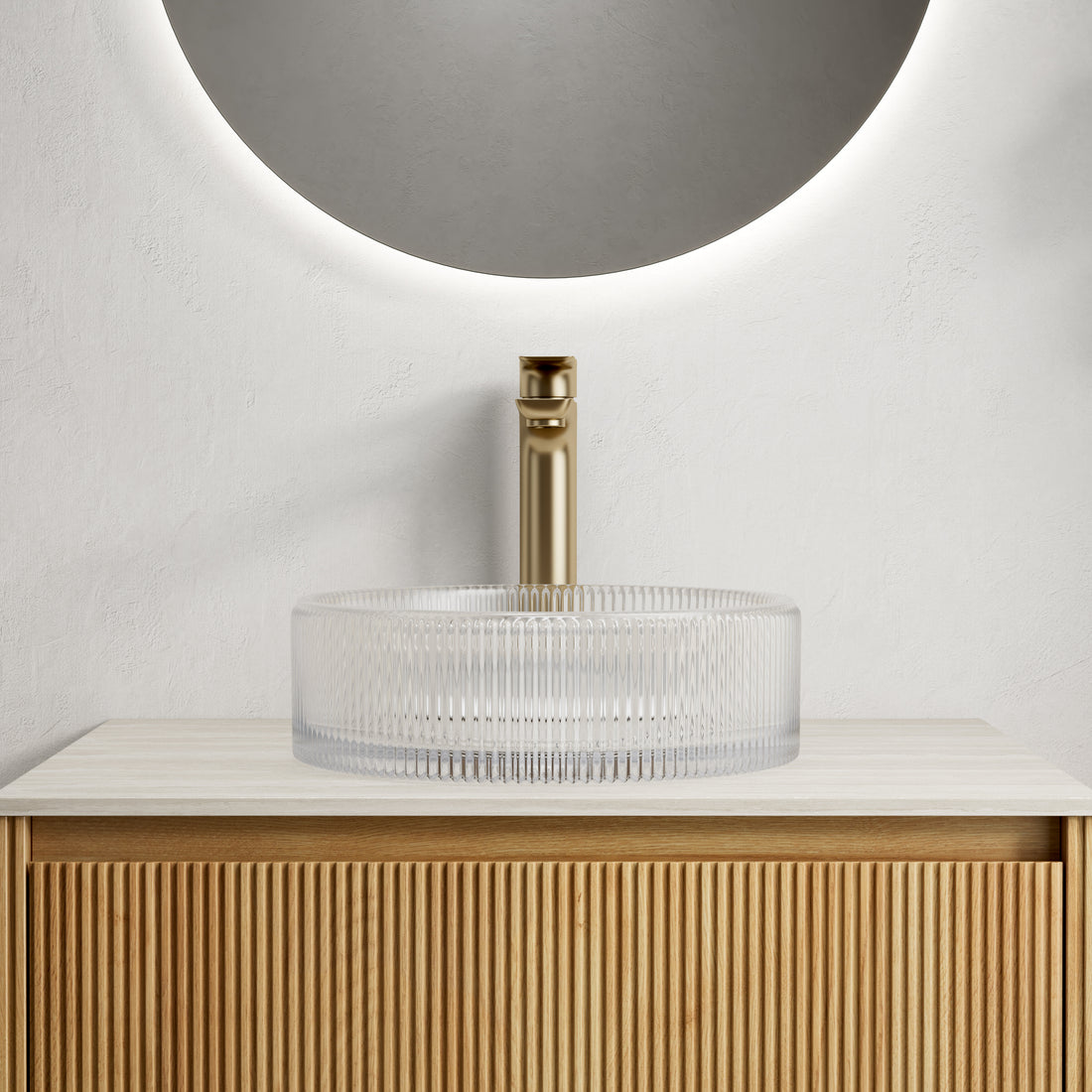 Round Transparent Crystal Glass Above-Counter Vessel Sink front view vertical ribbed exterior above-counter design