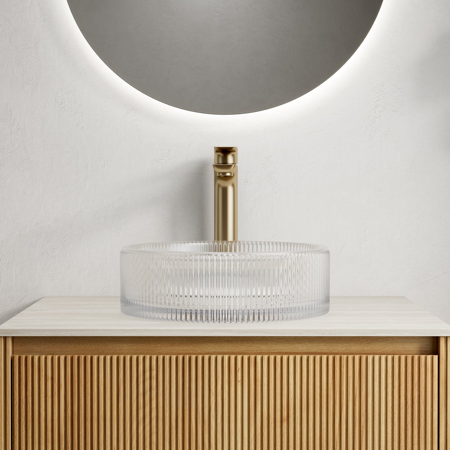 Round Transparent Crystal Glass Above-Counter Vessel Sink front view vertical ribbed exterior above-counter design