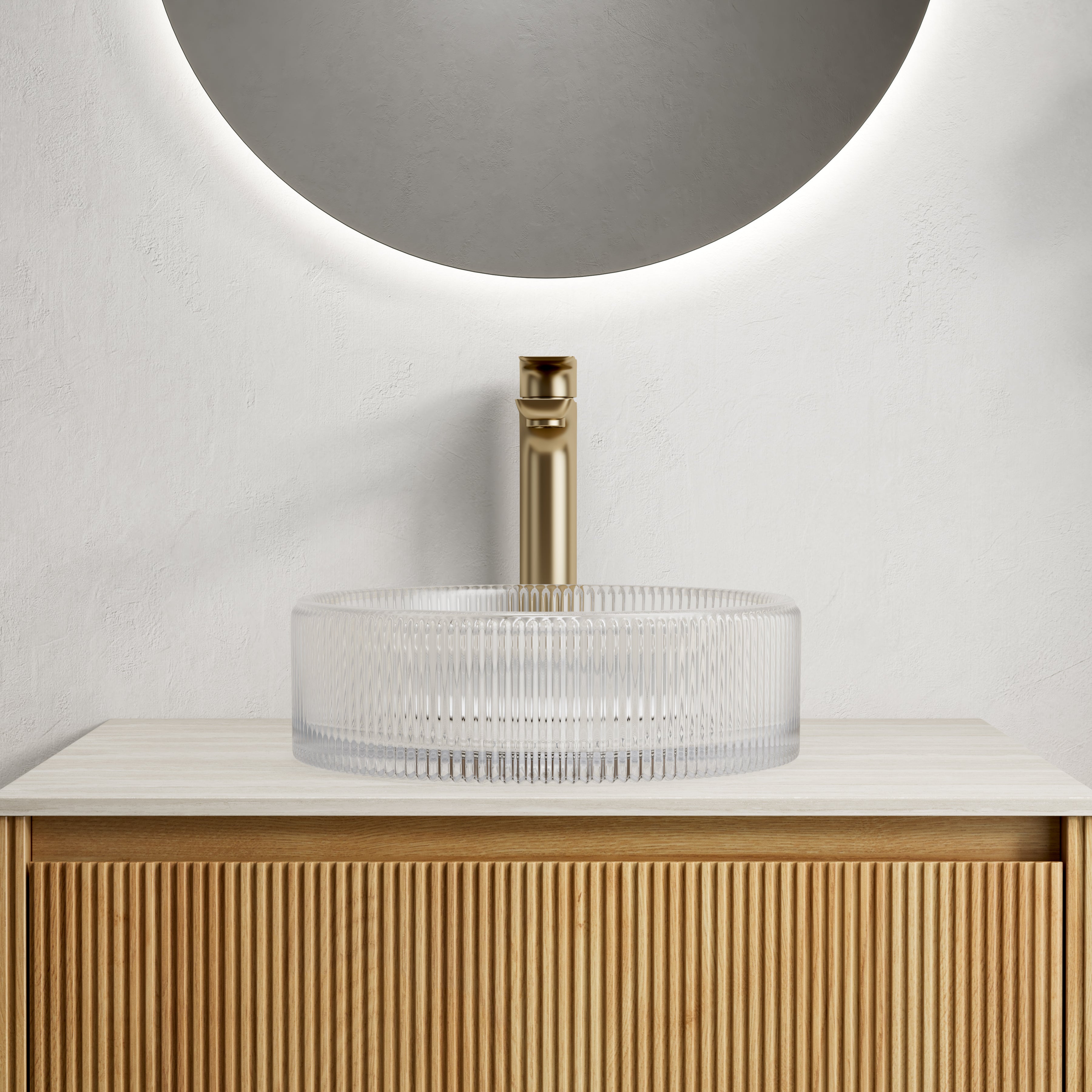 Round Transparent Crystal Glass Above-Counter Vessel Sink front view vertical ribbed exterior above-counter design